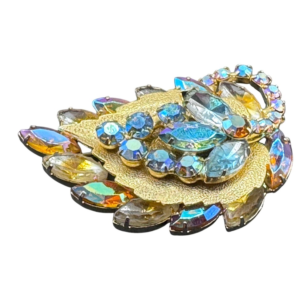 Aurora Borealis Blue Rhinestone Leaf Brooch Gold Tone Textured 2.5" vintage EUC